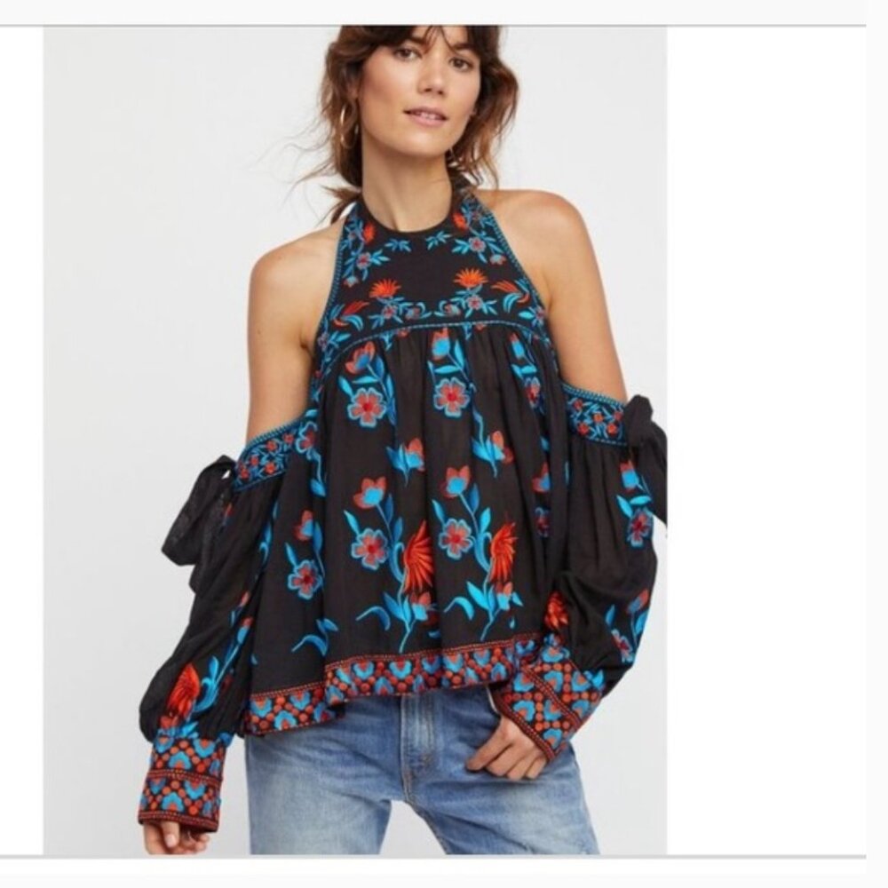 Free People Jasmine Blooms Embroidered Top Womens XS Boho Floral Hippie Colorful